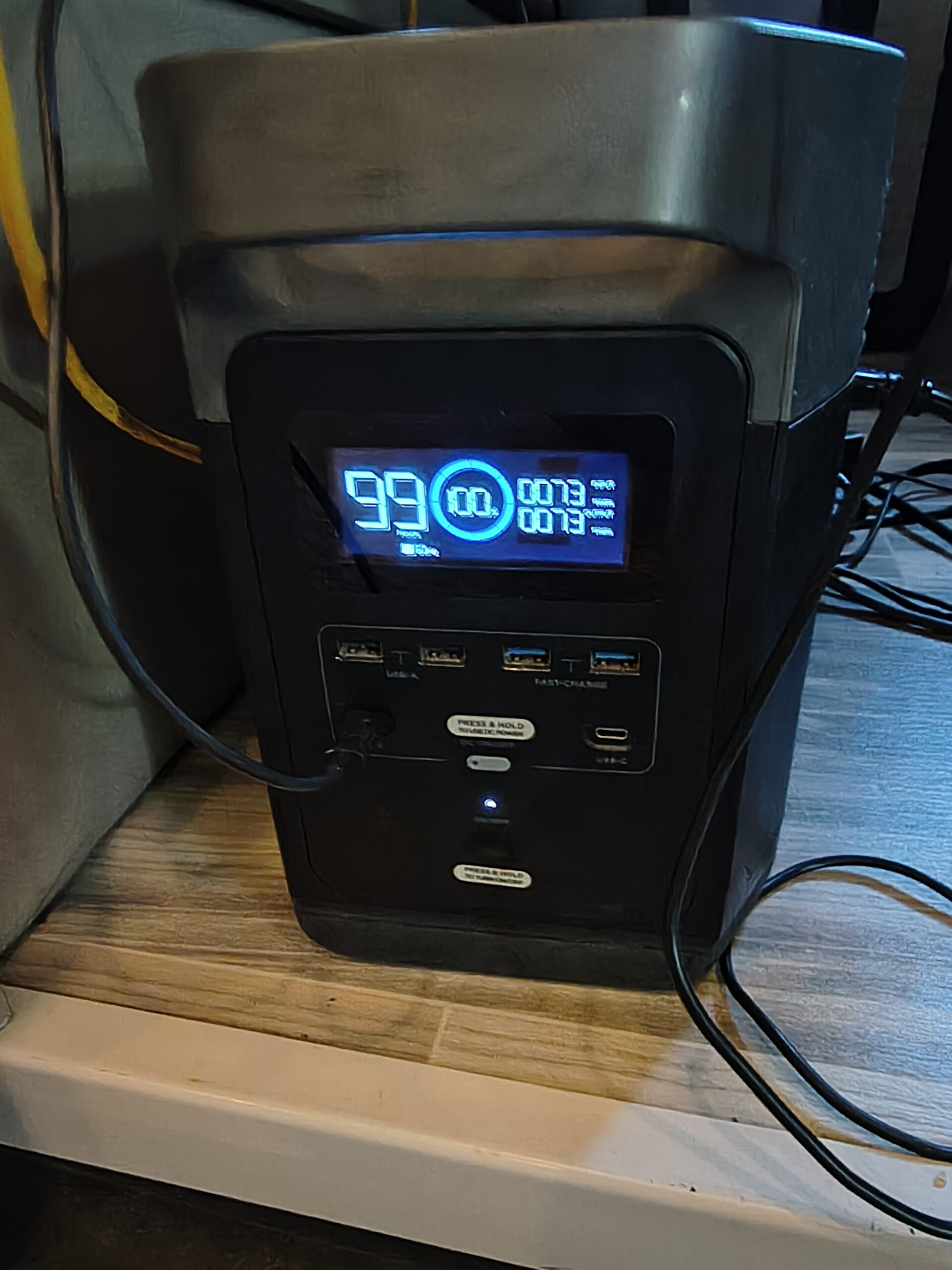 EcoFlow Delta portable power station at 66 percent charge acting as UPS for Starlink and remote work equipment